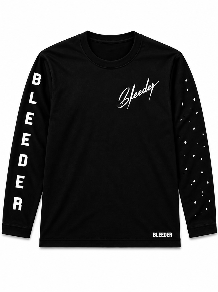 The Signature Long Sleeve in White on Black — BLEEDER premium longsleeve, front