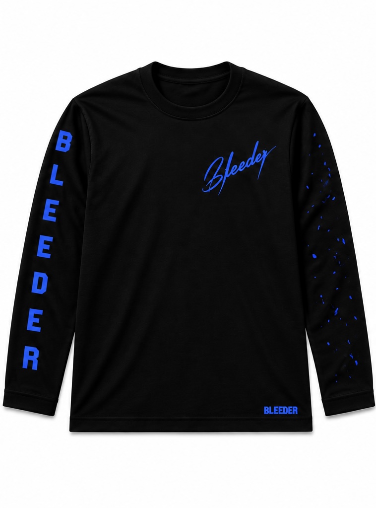 The Signature Long Sleeve in Blue on Black — BLEEDER premium longsleeve, front
