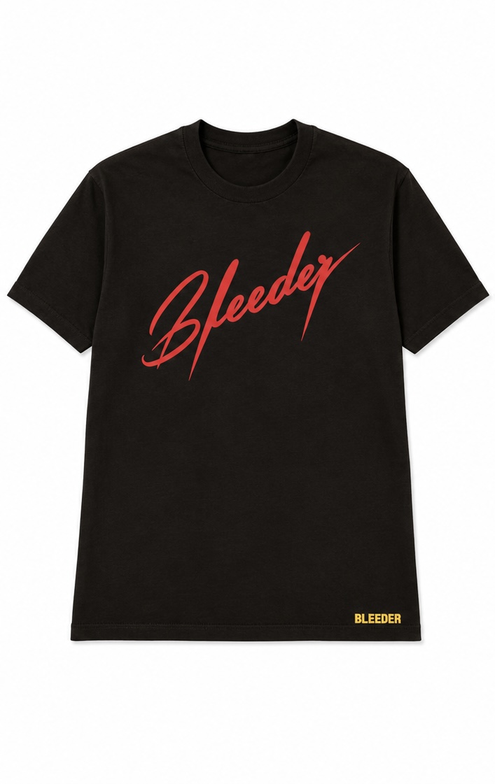 The Full Signature Tee — Cherry Red × Gold on Black — Full Signature front