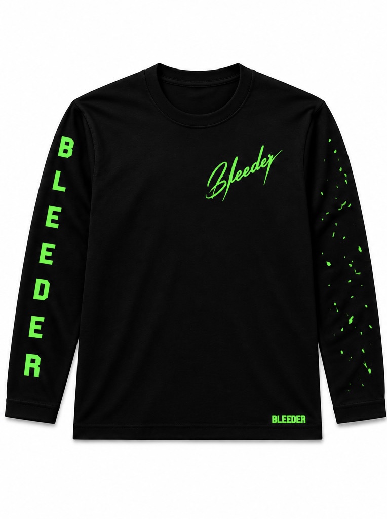 The Signature Long Sleeve in Neon Green on Black — BLEEDER premium longsleeve, front