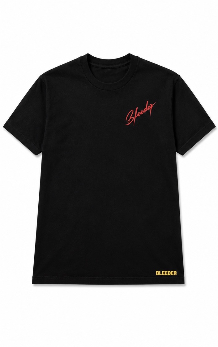 The Signature Tee — Cherry Red × Gold on Black — Pocket Script front